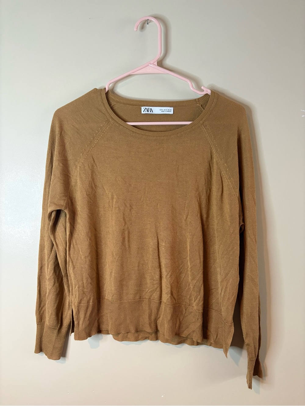 Zara Tan Crew Neck Ultra Lightweight Sweater NWOT